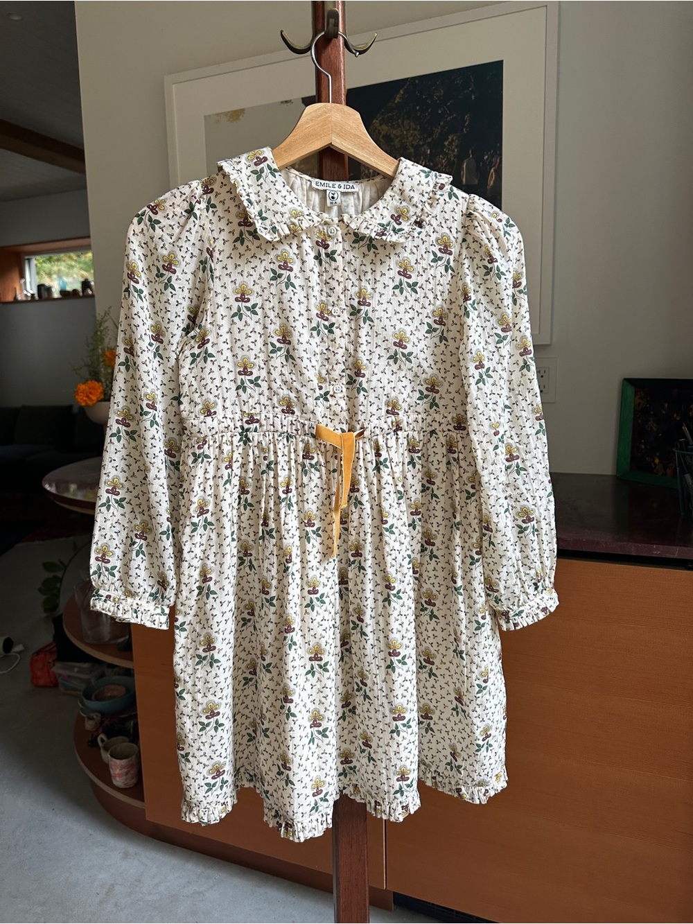 Emile et Ida Cream Floral Long-Sleeve Dress with Yellow Waist Tie